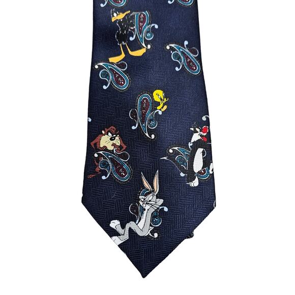 Vintage 90s Looney Tunes Paisley Neck Tie Taz Tweety Sylvester Daffy Bugs Bunny - Picture 1 of 9